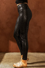 Black Shiny Leopard Textured Leggings