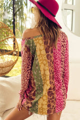 Multicolor Floral Leopard Mixed Print V Neck Long Sleeve Tee