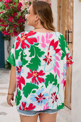 Green Floral Print Faux Wrap Plus Size Blouse