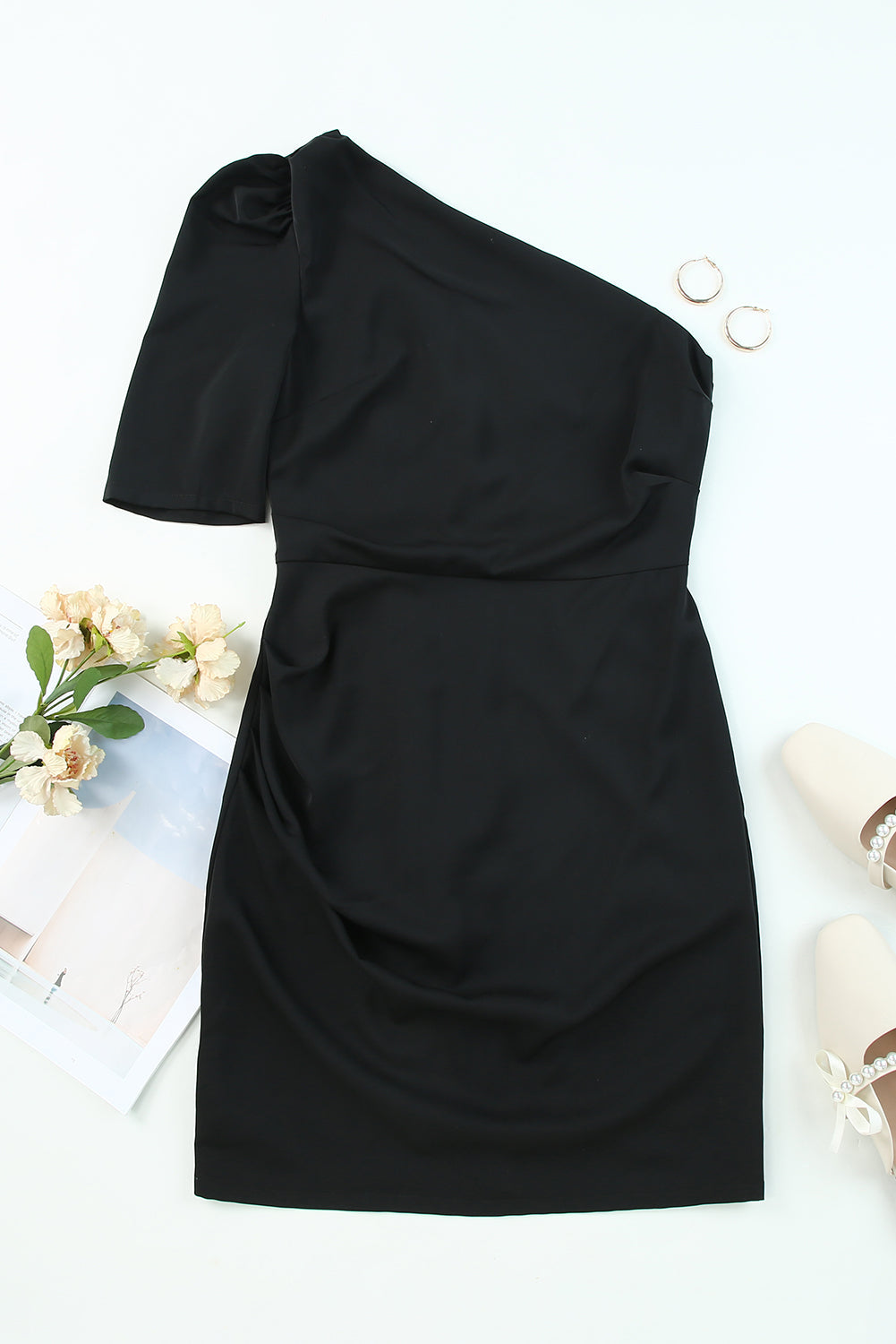 Black Single Short Sleeve Ruched Bodycon Dress