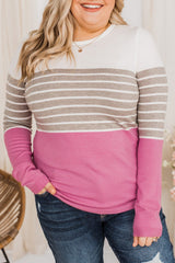 Pink Plus Size Striped Patchwork Knit Sweater