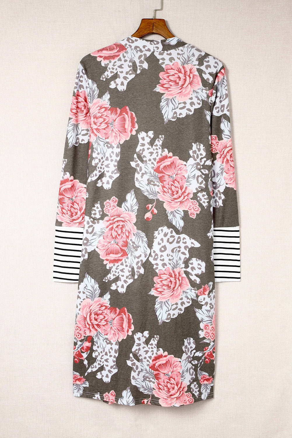 Brown Striped Cuffs Floral Print Long Cardigan
