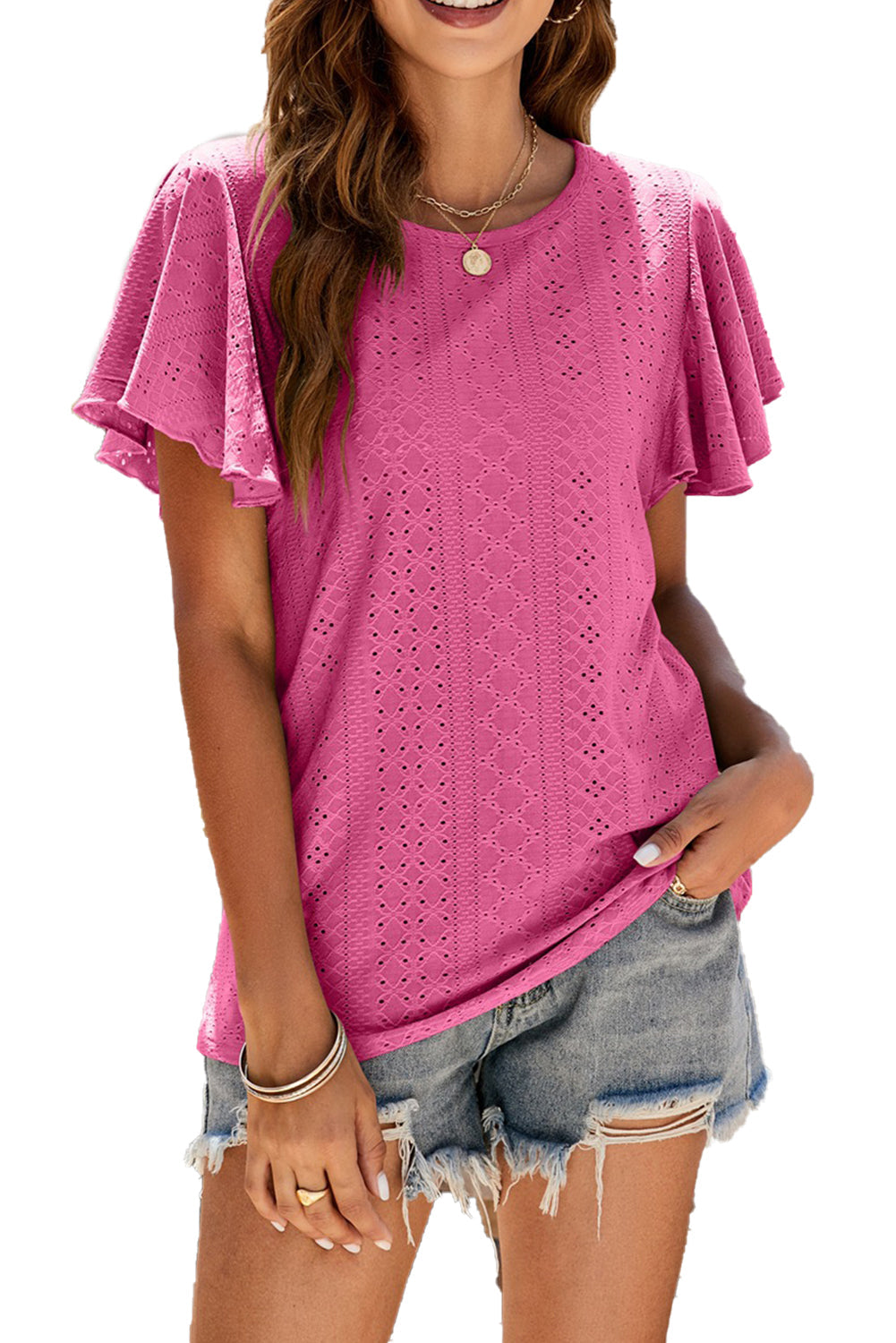 Rose Flutter Sleeve Eyelet Textured Top