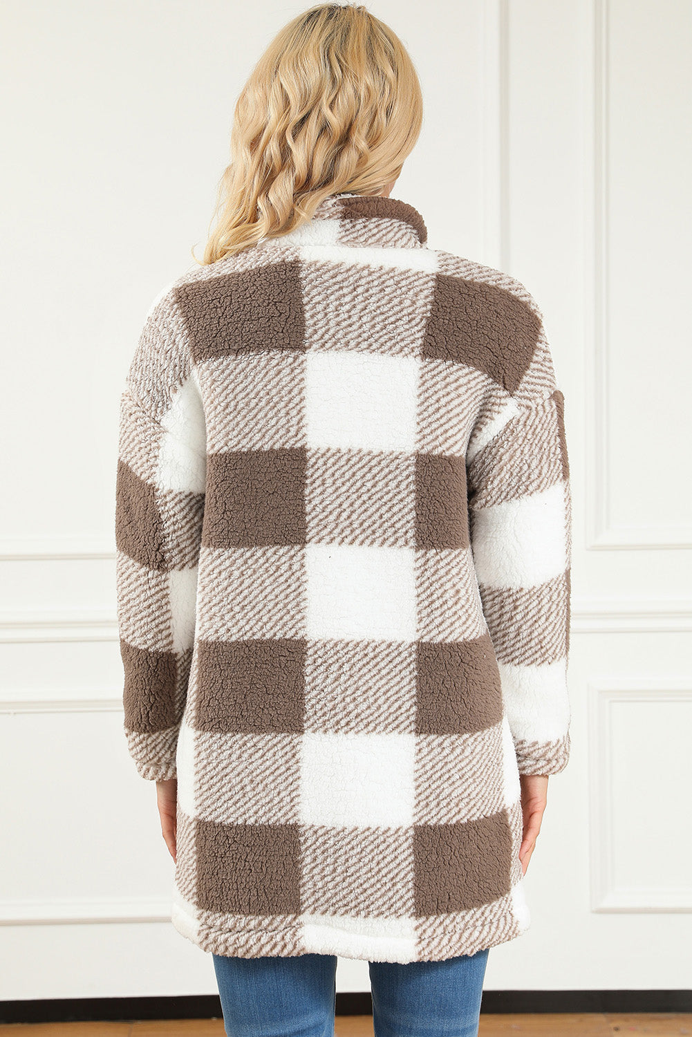 Brown Fuzzy Plaid Flap Button Up Midi Coat