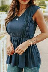 Blue Ruched Flounce V Neck Sleeveless Peplum Top