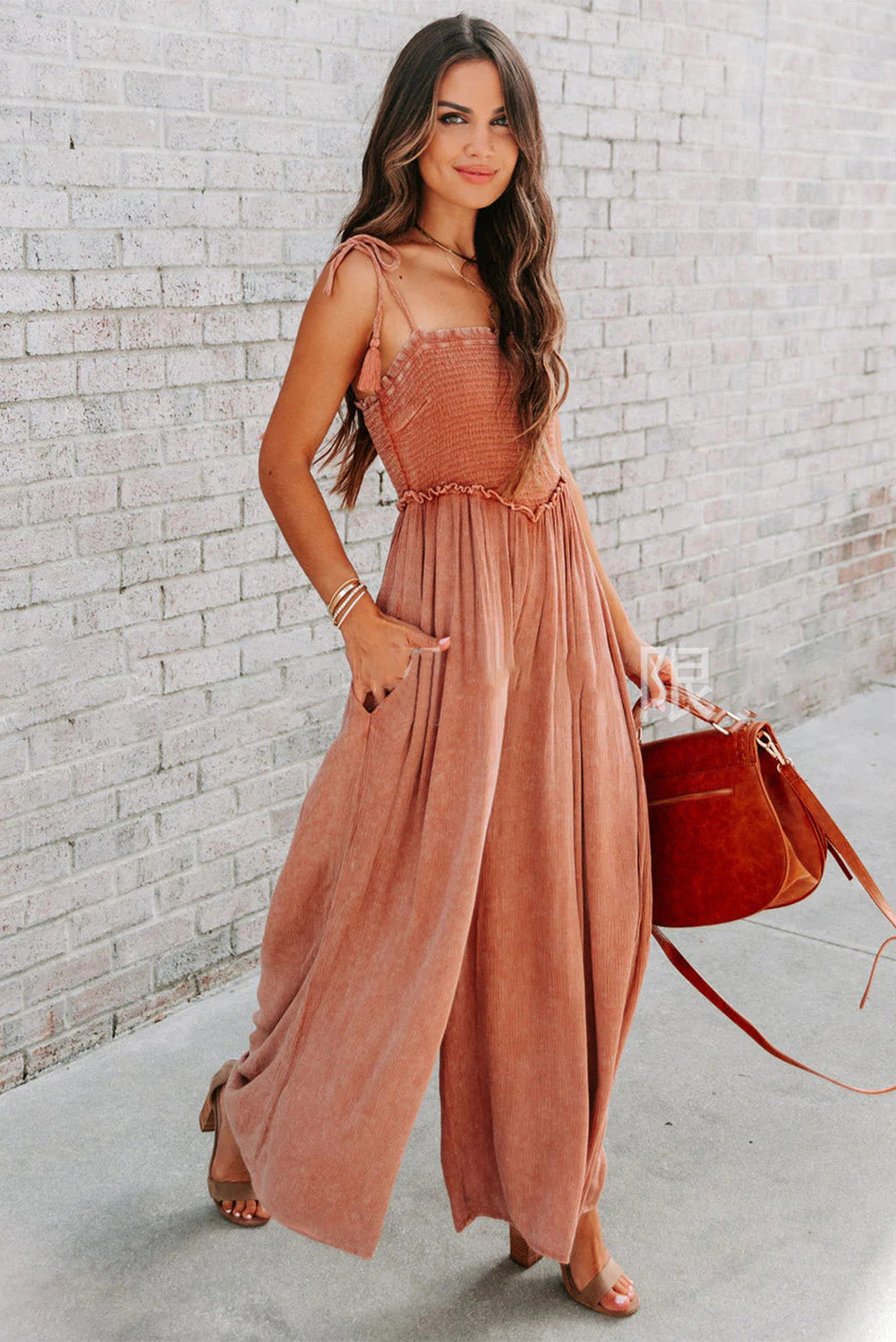 Orange Retro Washed Spaghetti Straps Smocked Wide Leg Jumpsuit