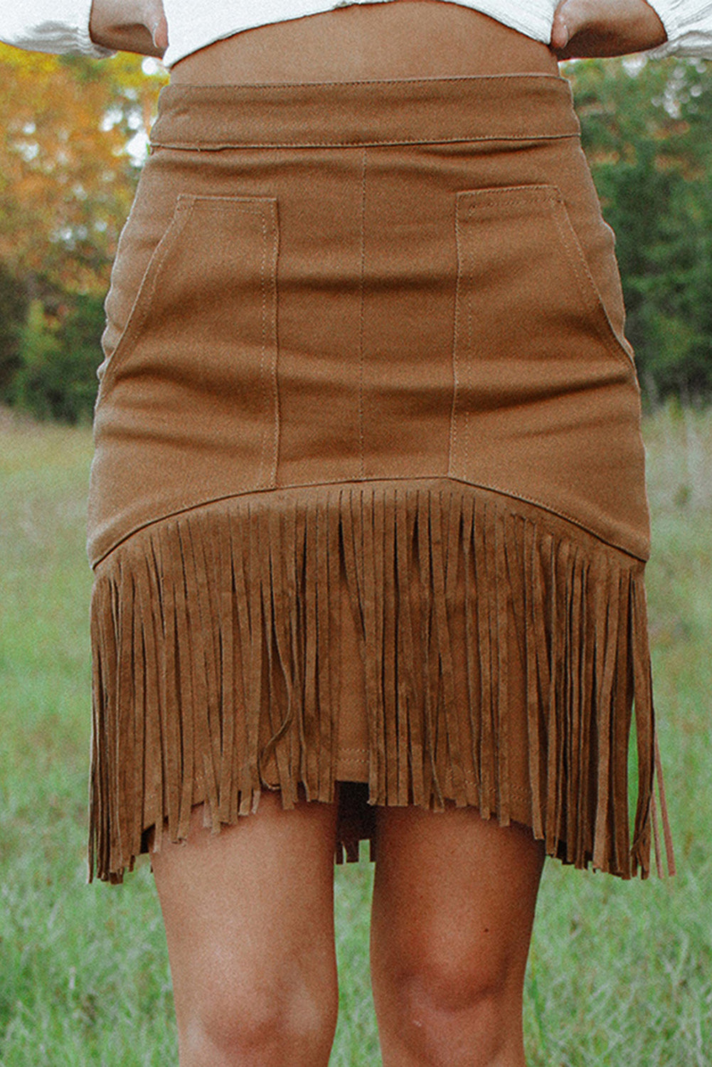 Brown Tassel Zipped Pockets High Waist Mini Skirt