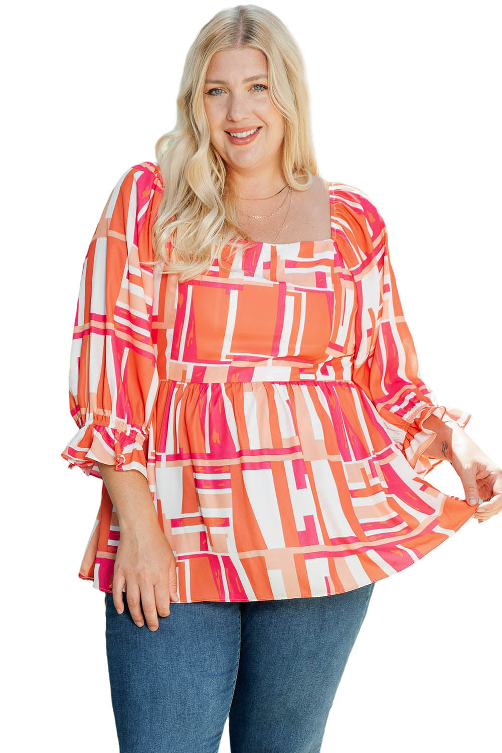 Orange Geometric Print Smocked Square Neck Plus Size Blouse