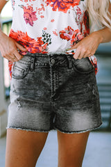 Gray Acid Wash Raw Edge Skinny Denim Shorts