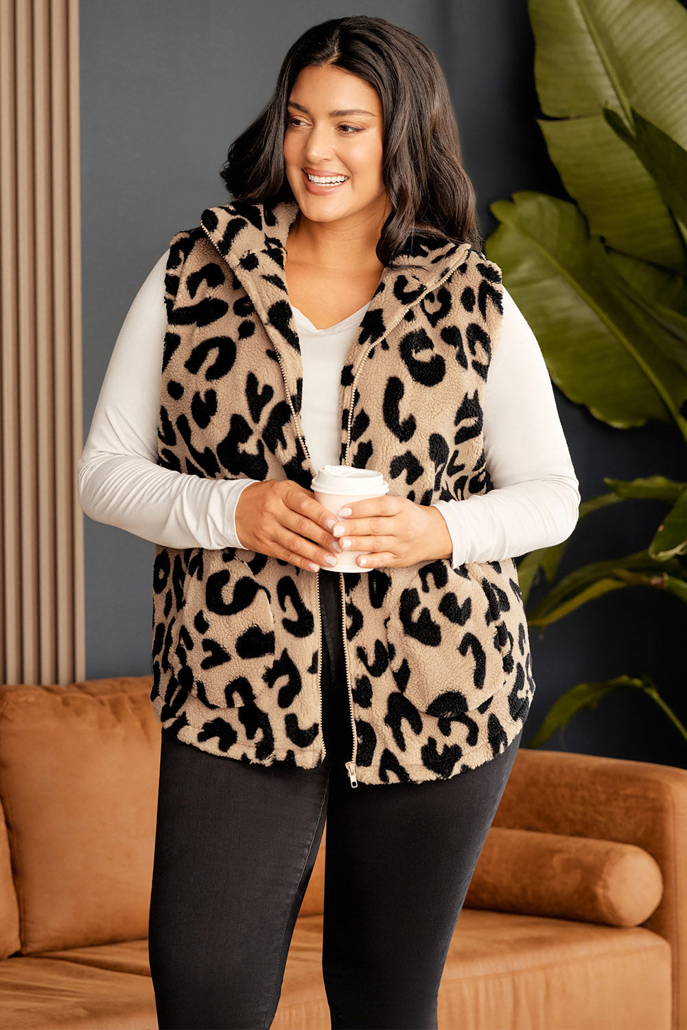 Leopard Plus Size Stand Neck Zipped Front Sherpa Jacket Vest