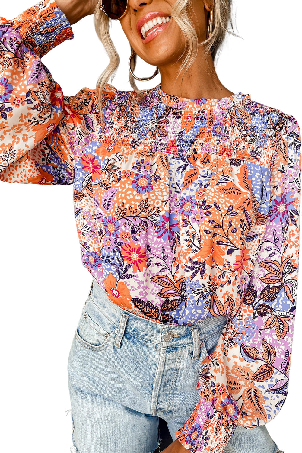 Multicolour Floral Bishop Sleeve Frilled Round Neck Blouse