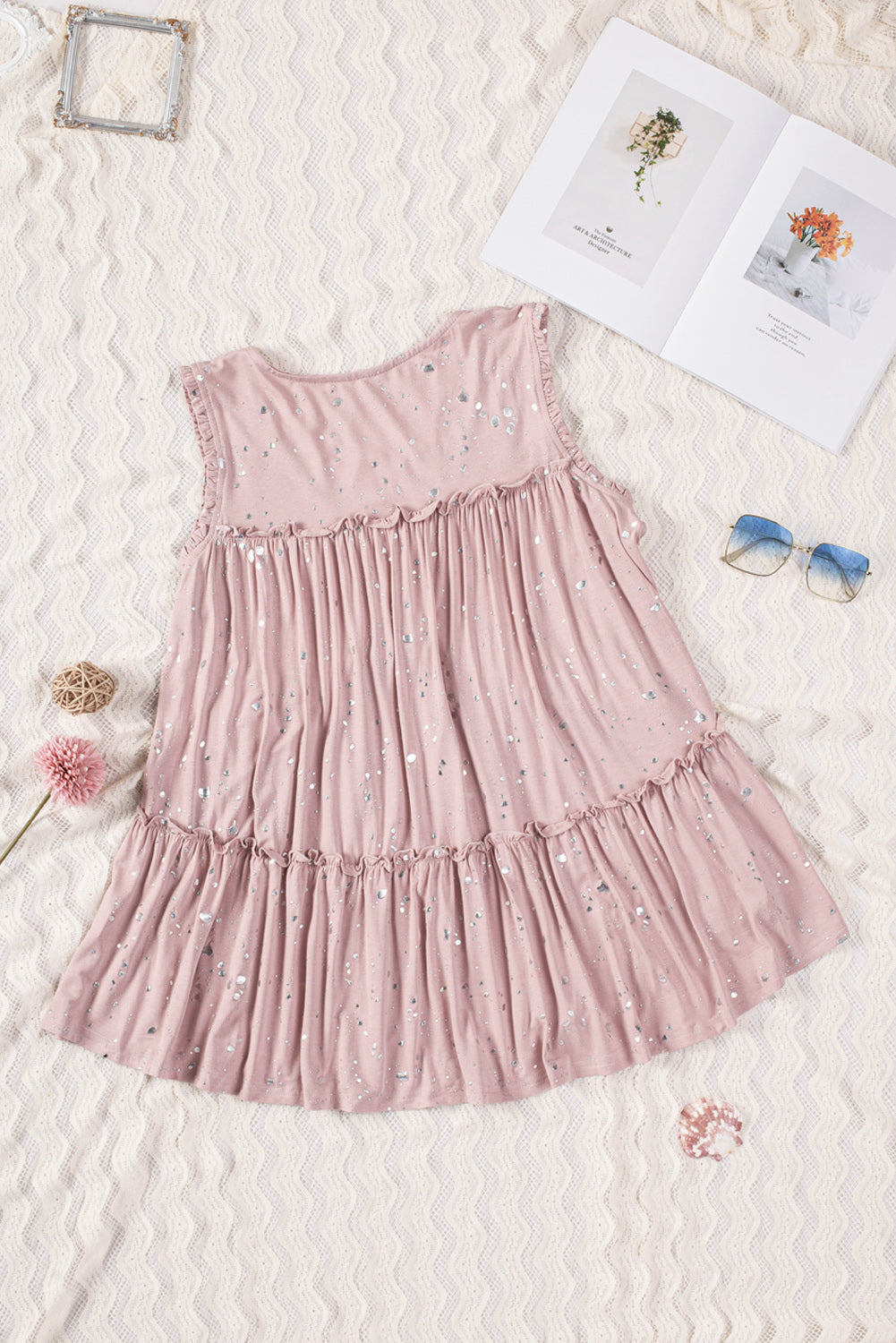 Pink Foil Splatter Drops Ruffled Flowy Tank