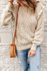 Green Frilled Shoulder Detail Cable Knit Sweater