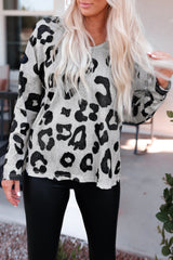 Gray Leopard Print Loose Fit Long Sleeve Top