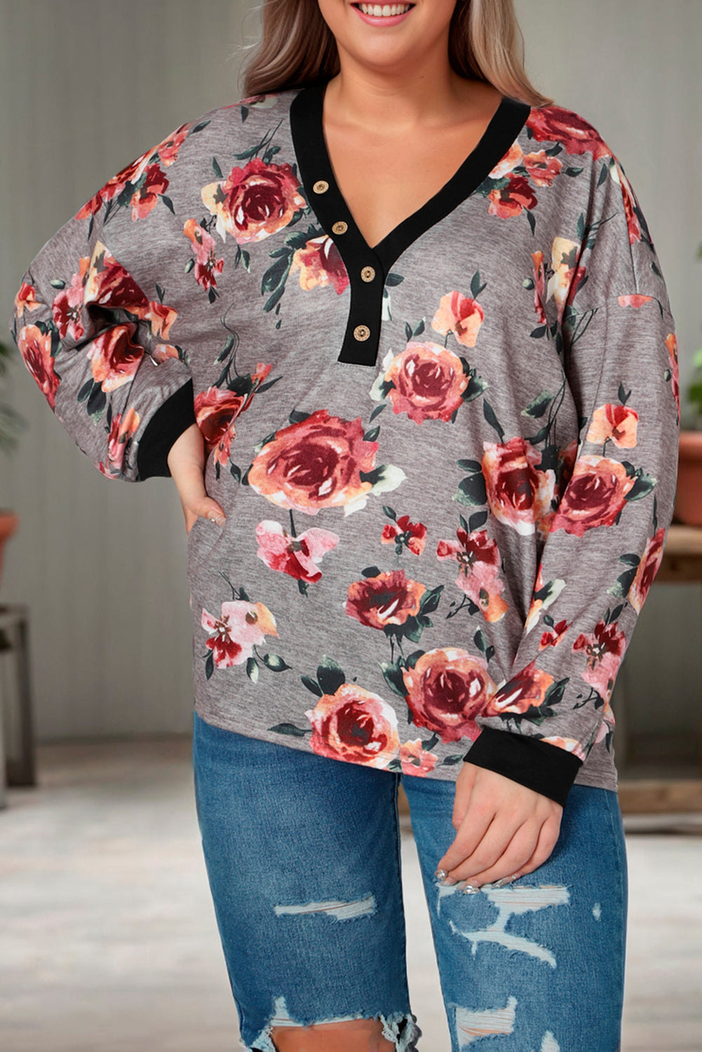 Gray Floral Long Sleeve Plus Size Henley Top