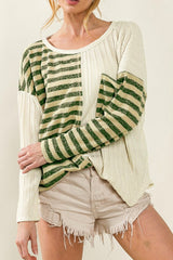 Khaki Striped Patch Textured Long Sleeve Top