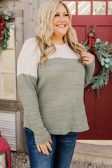 Green Plus Size Colorblock Knit Long Sleeve Top