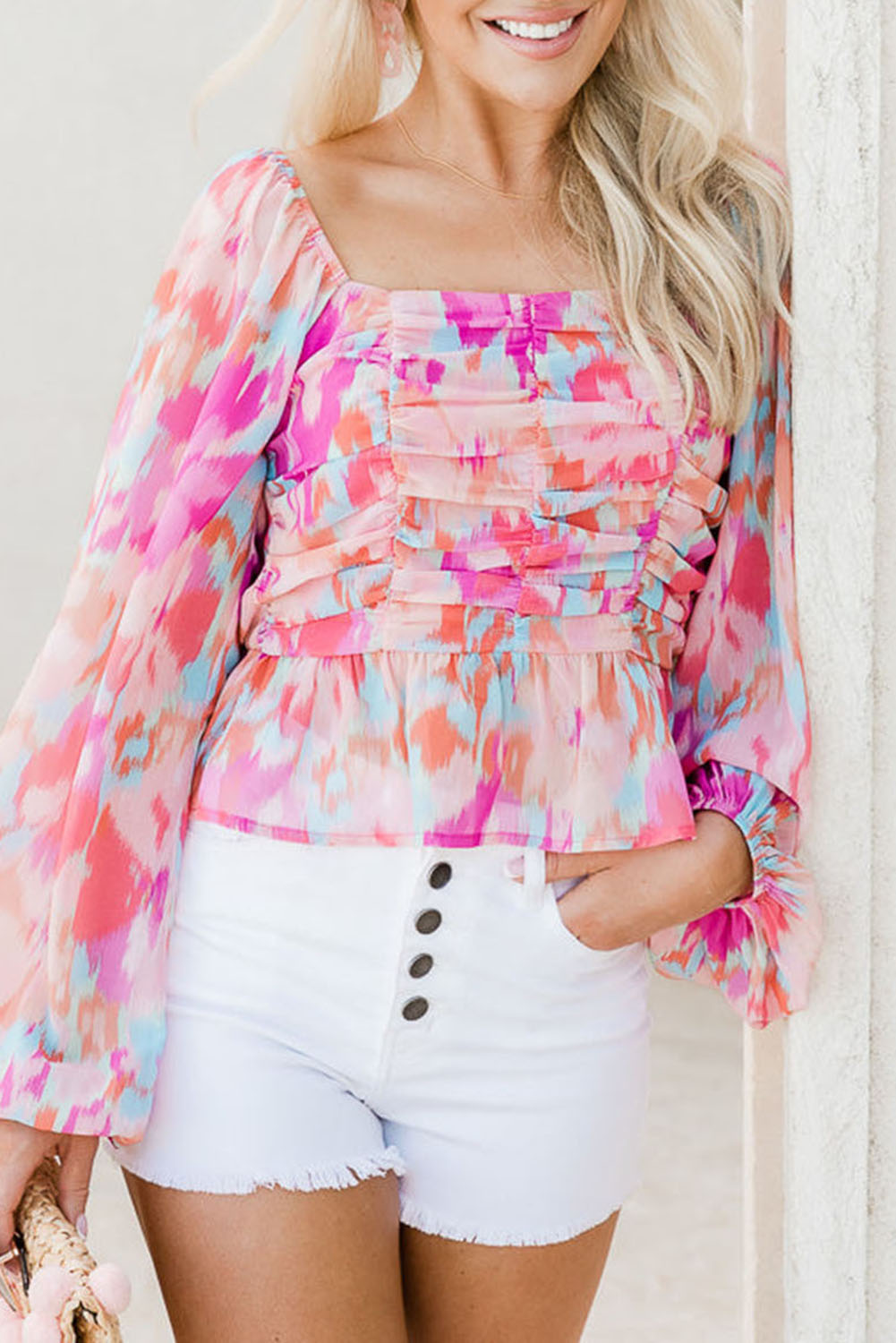 Pink Watercolor Printed Tie Straps V Neck Peplum Tank Top