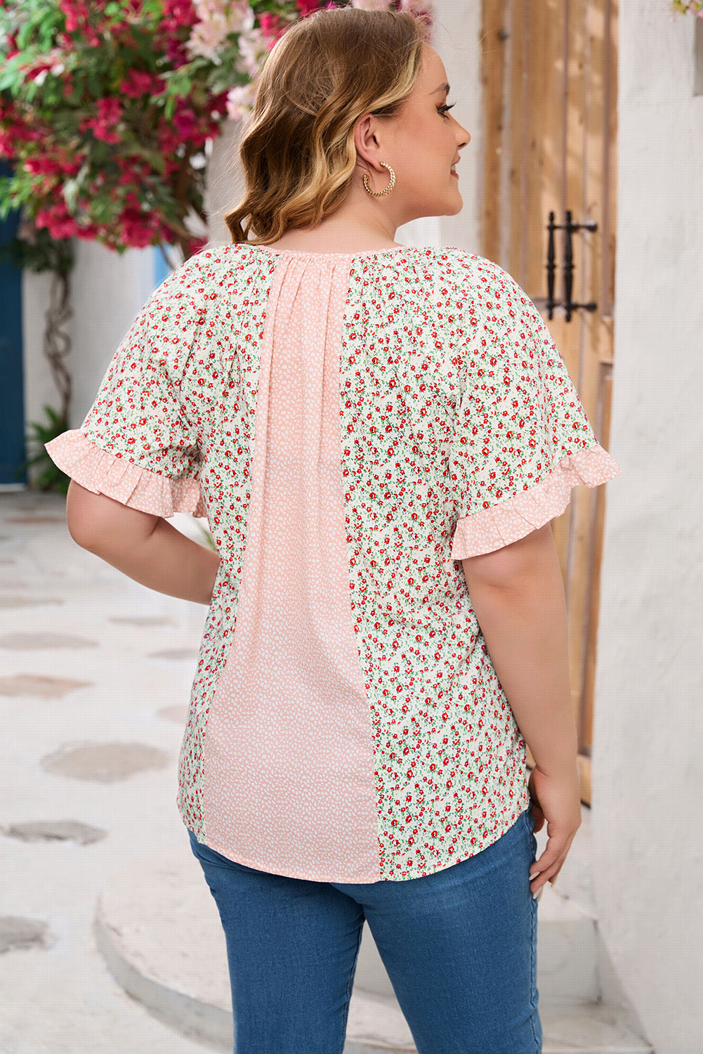 Pink Dotty Floral Patchwork Plus Size Long Sleeve Blouse