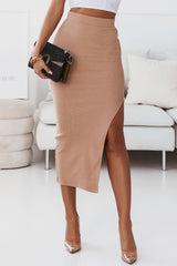 Khaki High Waist Split Knit Midi Skirt