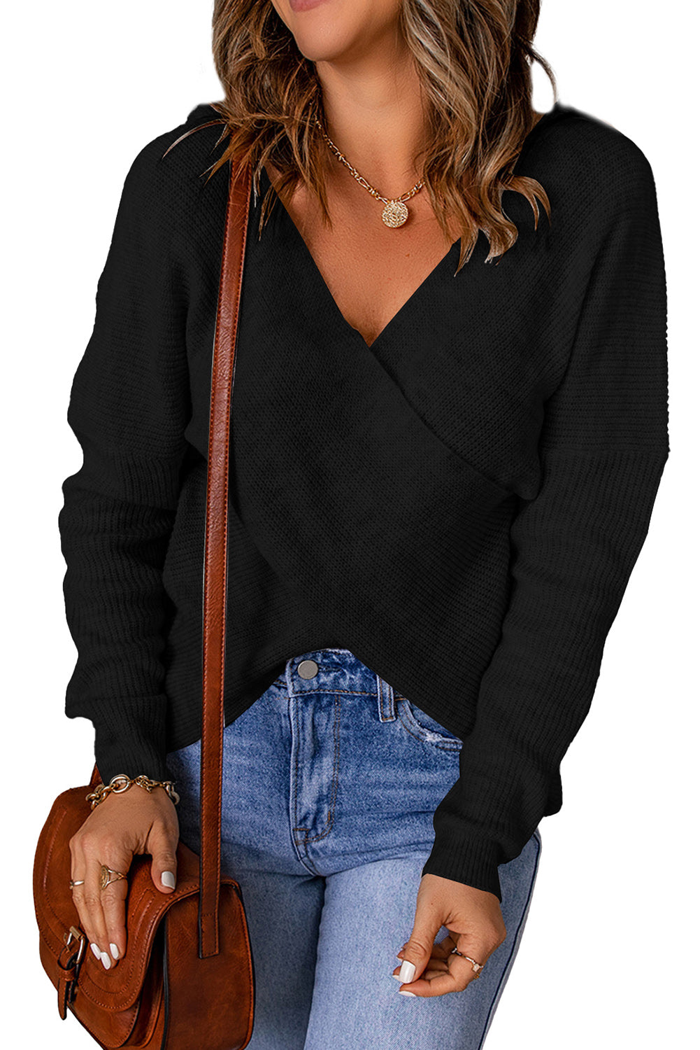Black Criss Cross Wrap Plunging Neck Sweater