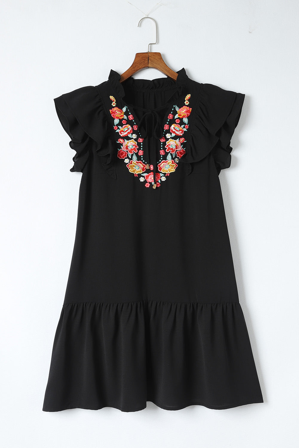 Black Floral Embroidered Ruffle Sleeve Shift Dress