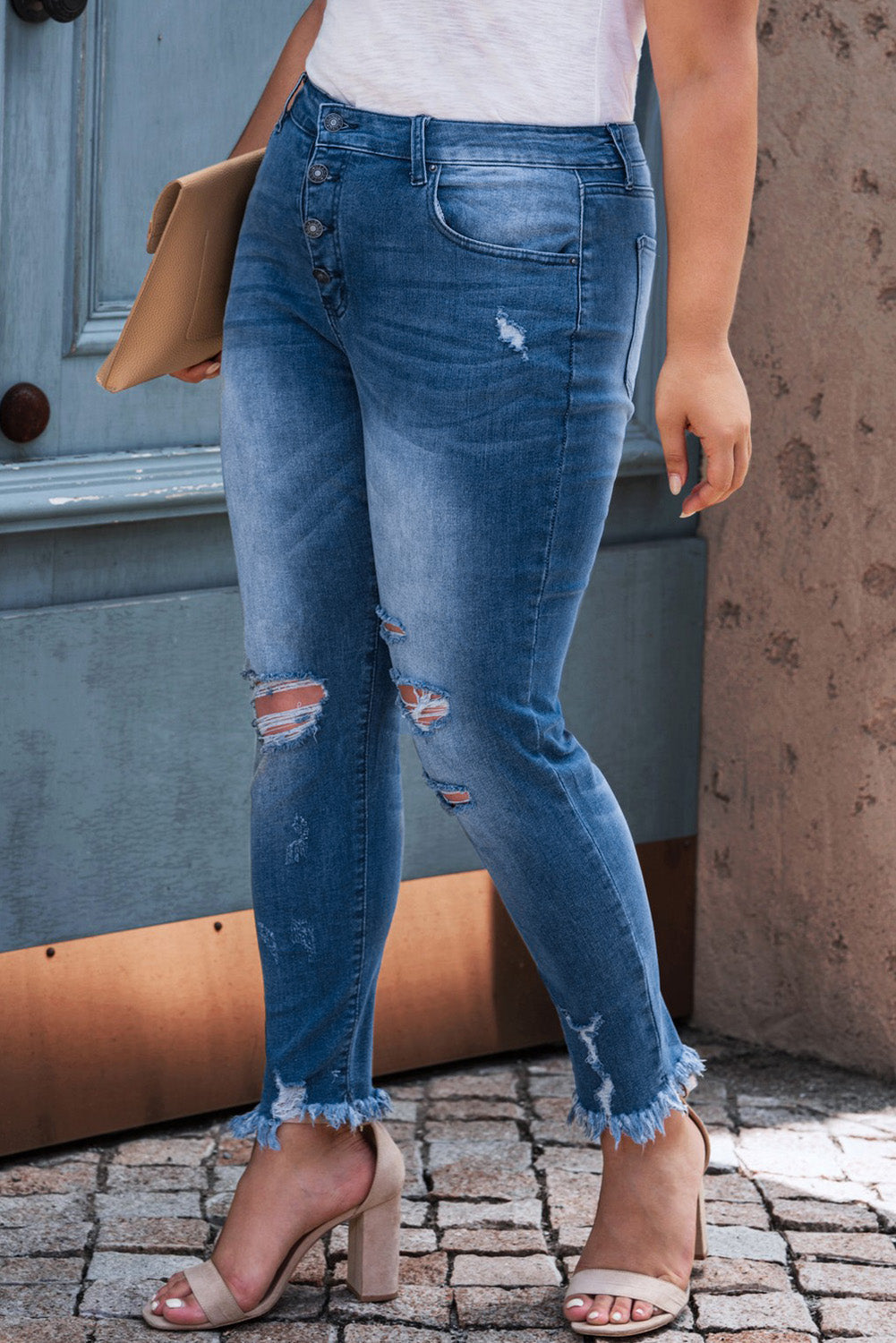 Blue Plus Size High Rise Buttons Skinny Jeans