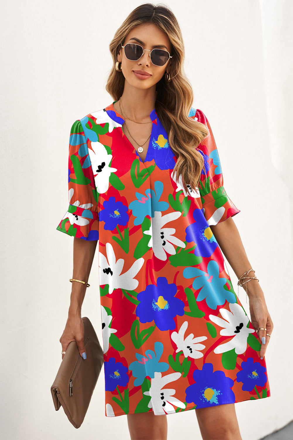 Multicolor Split V Collar Ruffle Sleeve Floral Shift Dress