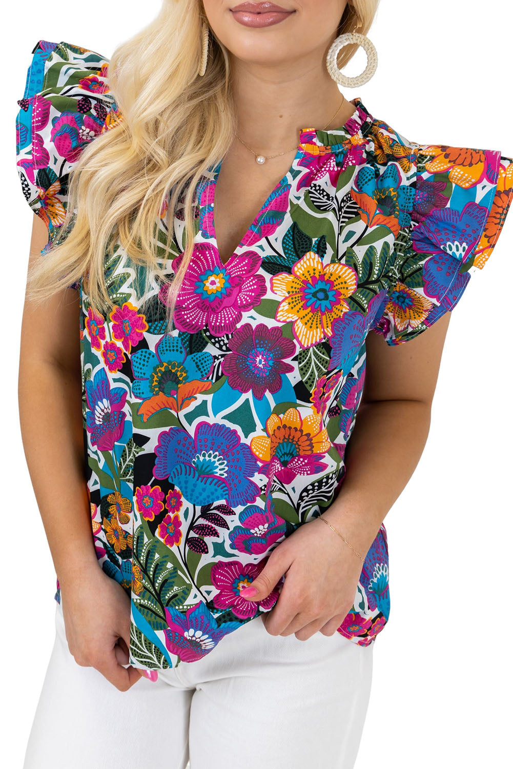 Multicolor Ruffled Flutter Sleeve Floral Print Blouse