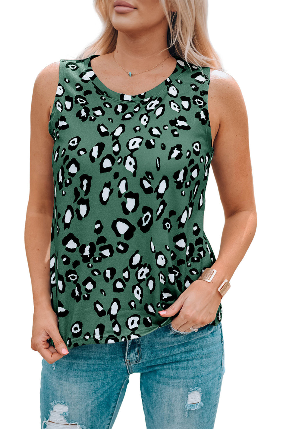 Blue Leopard Print Crew Neck Tank Top