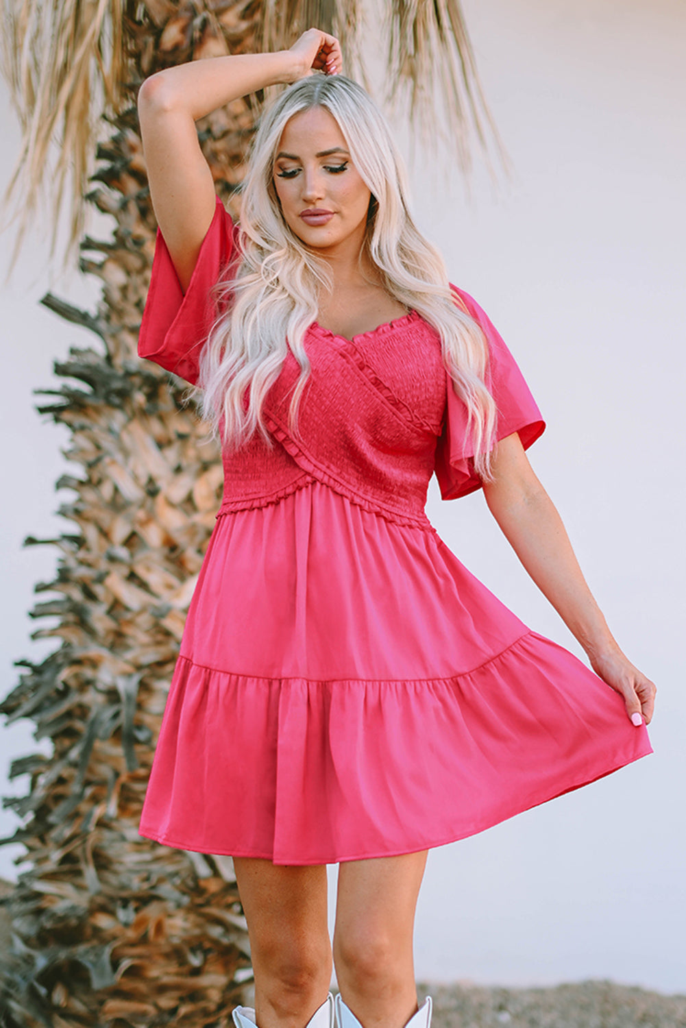 Rose Crossover Smocked Flutter Sleeve Mini Dress