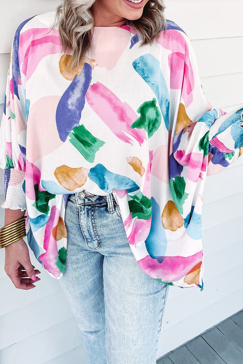 Multicolor Brushstroke Graffiti Print Dolman Sleeve Blouse