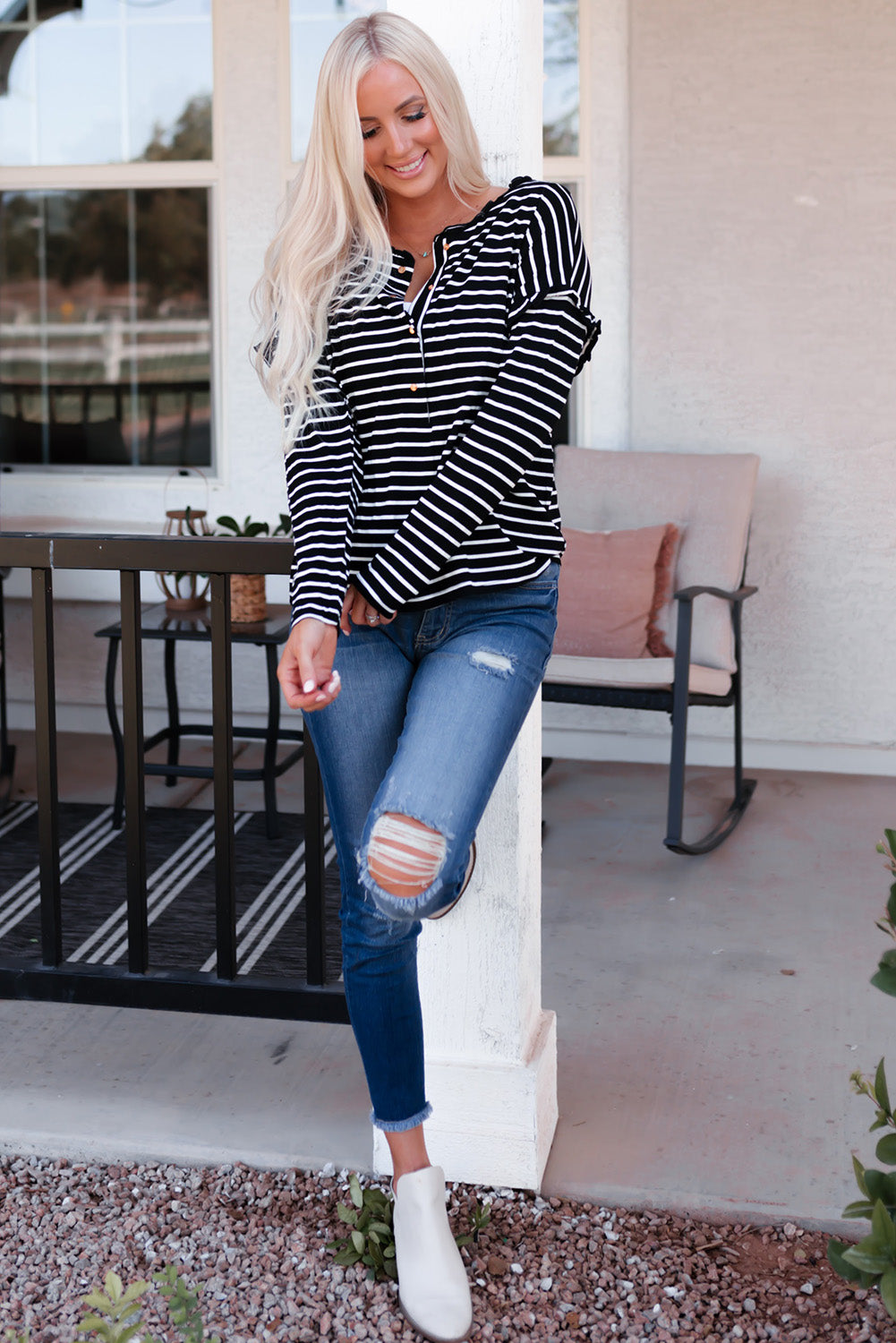 Black Striped Print Ruffled Buttoned Long Sleeve Top