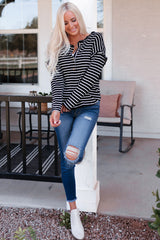 Black Striped Print Ruffled Buttoned Long Sleeve Top