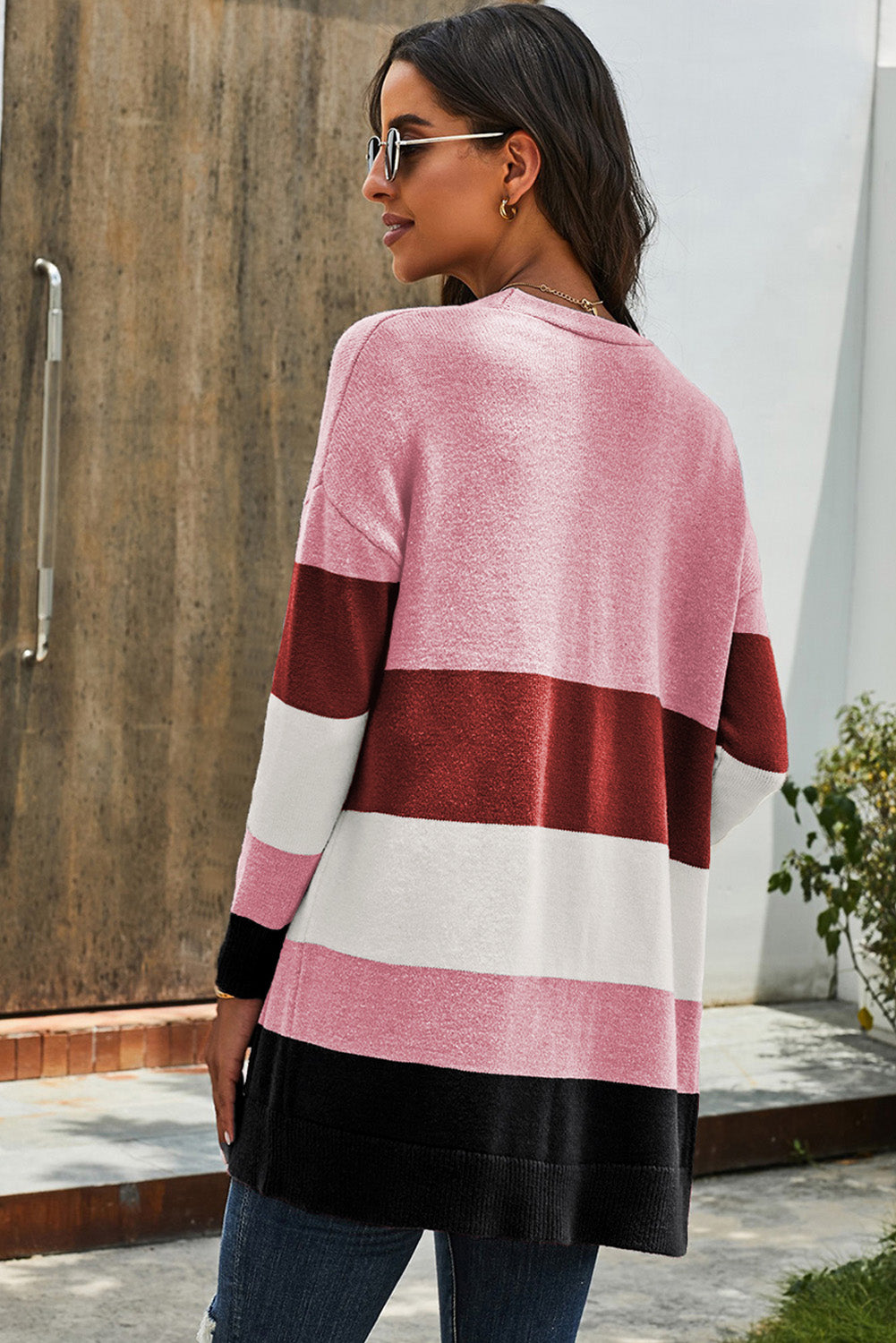 Khaki Open Front Colorblock Cardigan with Pockets