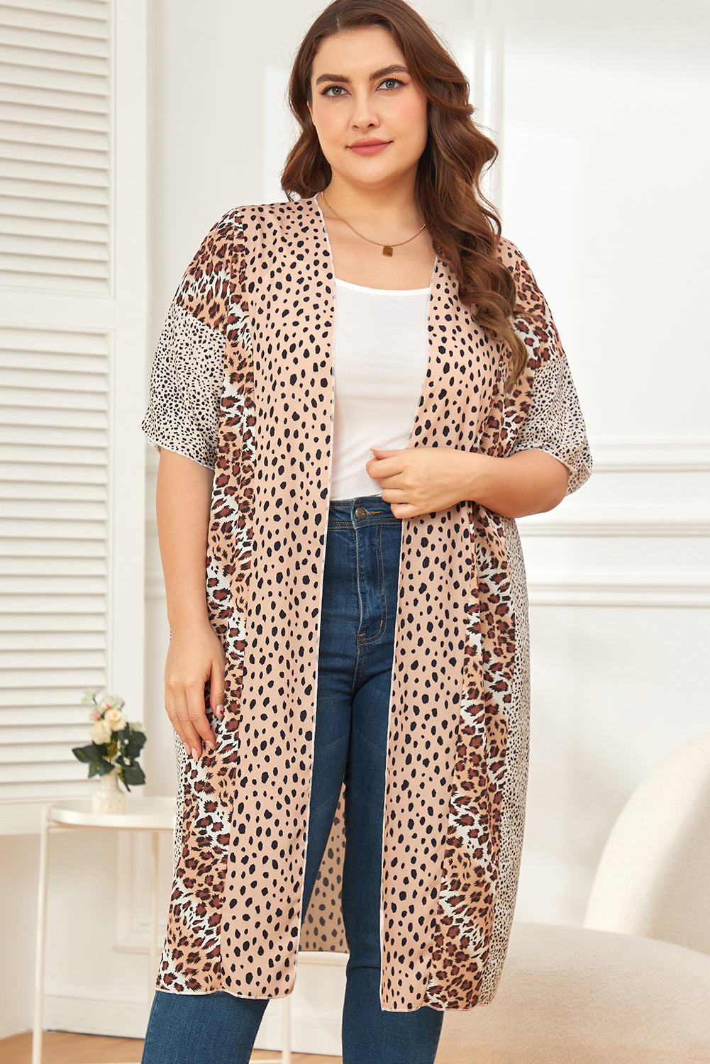 Plus Size Leopard Color Block Flowy Kimono