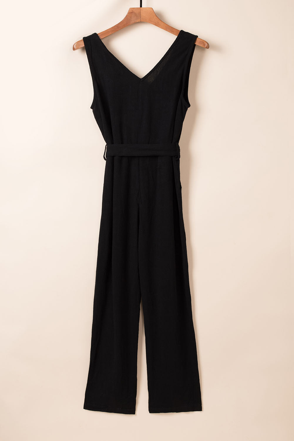 Black V Neck Button Belted Jumpsuit with Pockets