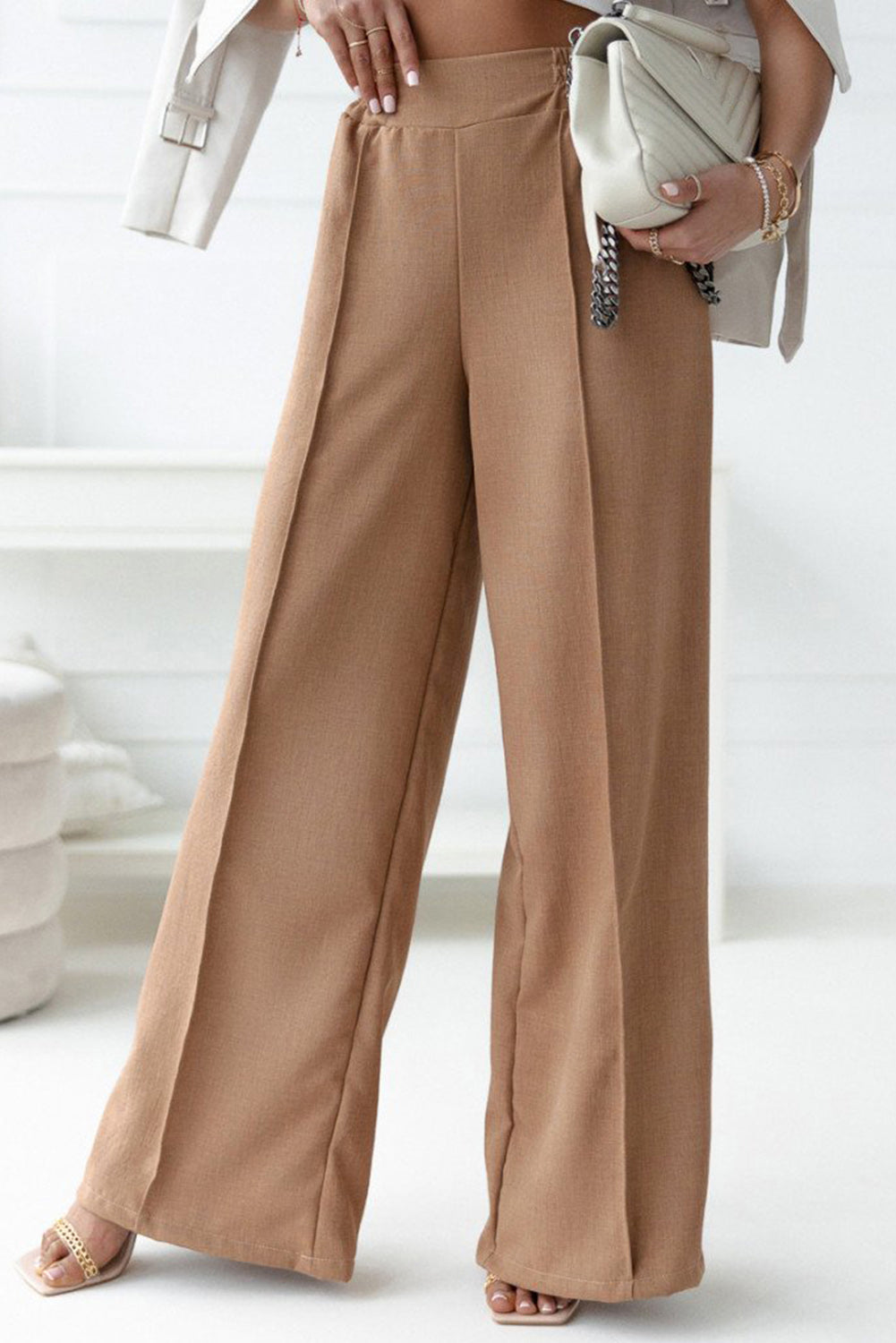 Khaki Elastic Waistband Wide Leg Pants