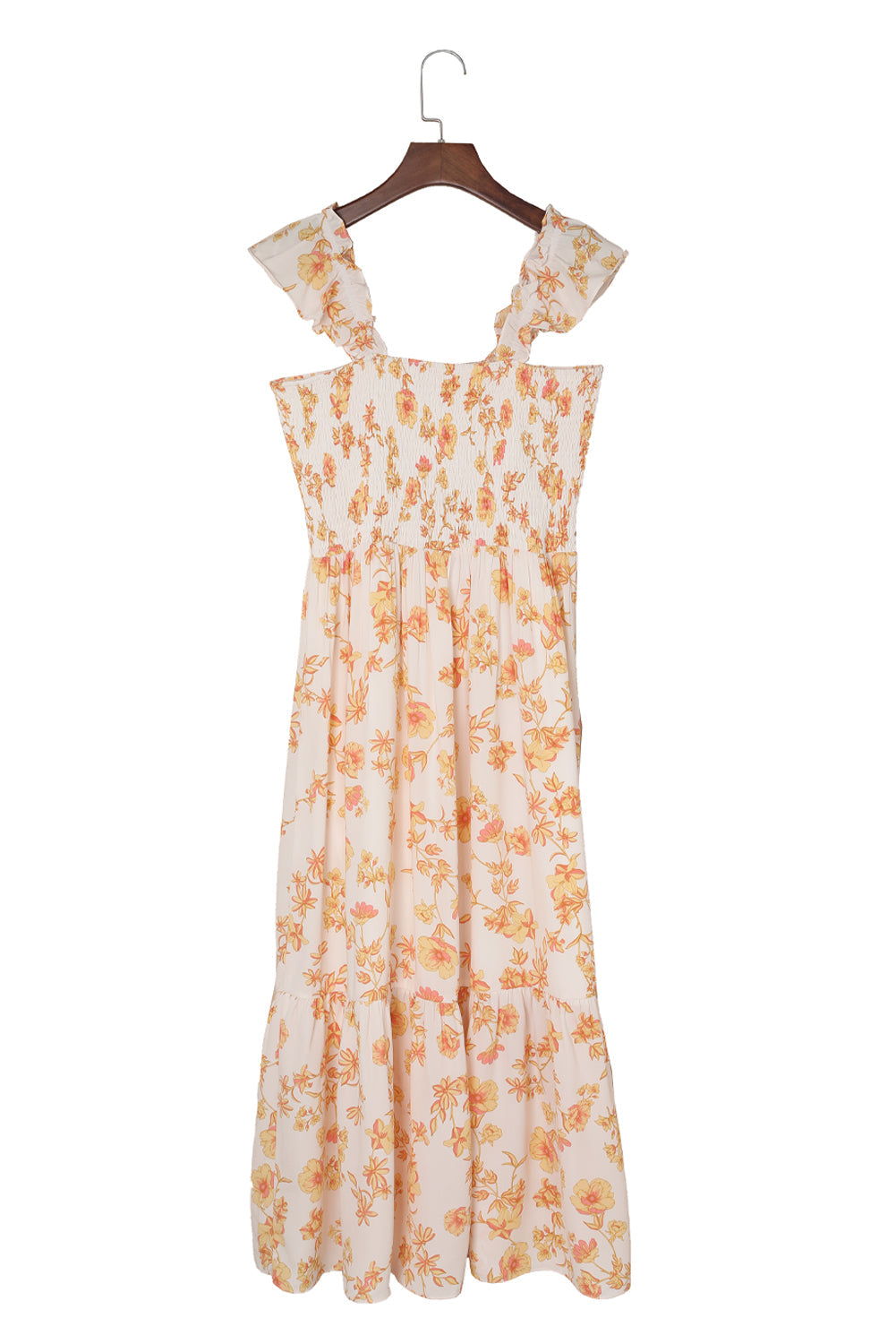 White Ruffle Shoulder Straps Smocked Bodice Printed Dress