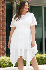 White Plus Size Lace Striped Texture Handkerchief Hem Dress