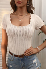 Apricot Square Neck Scallop Trim Short Sleeve Knit Top