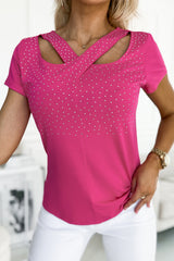 Rose Rhinestone Criss Cross Short Sleeve T Shirt