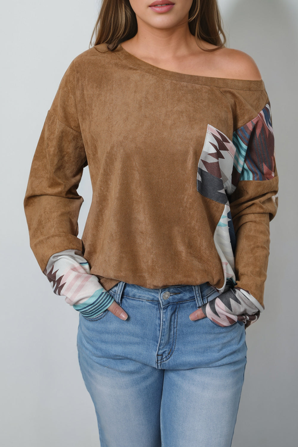 Brown Aztec Print Patchwork Chest Pocket Long Sleeve Top