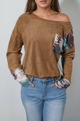 Brown Aztec Print Patchwork Chest Pocket Long Sleeve Top