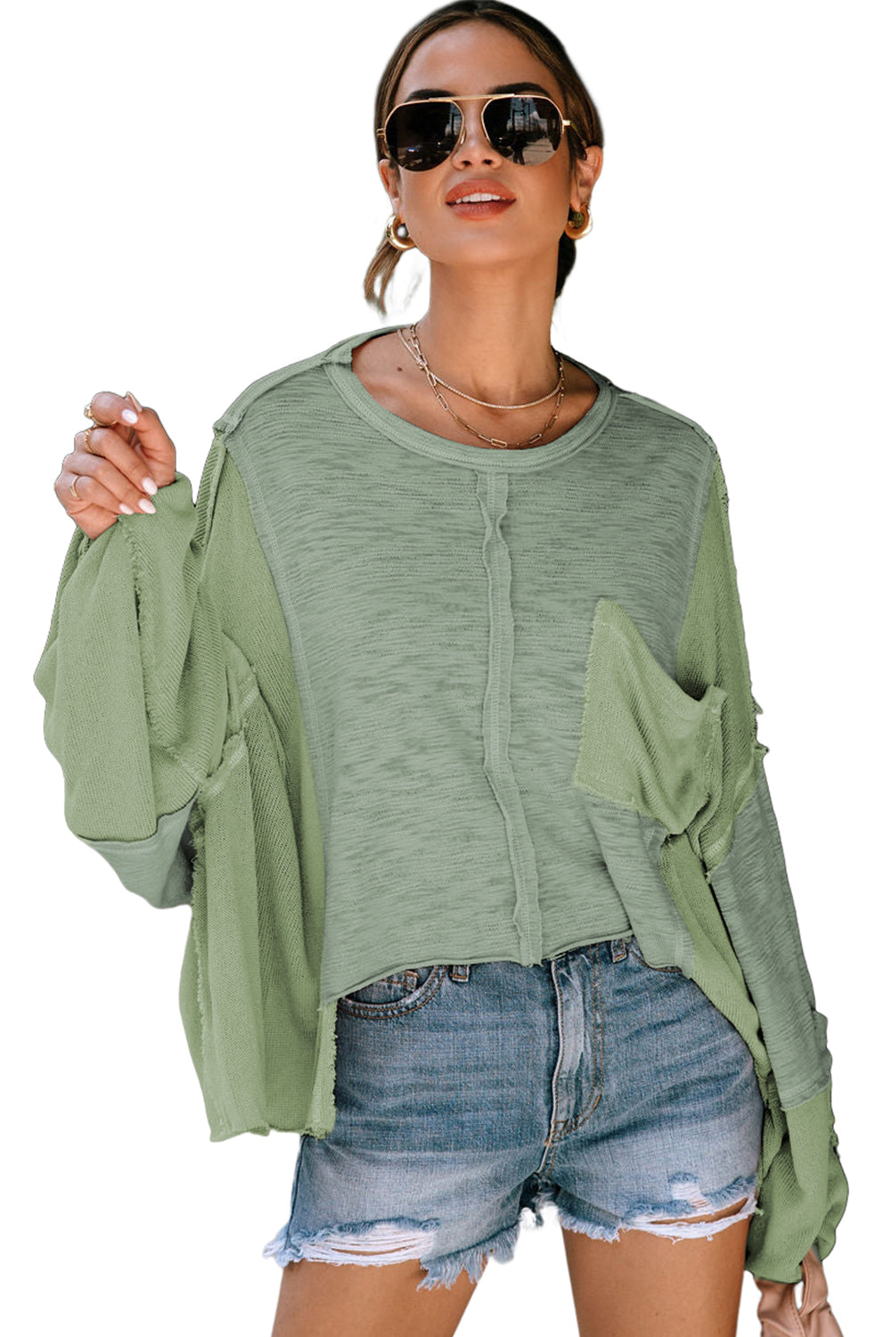 Green Exposed Seam Chest Pocket Loose Sleeve Oversized Top