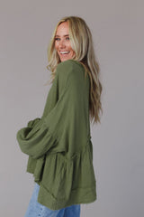 Green Henley Button Drop Shoulder Loose Sleeve Raw Edge Top