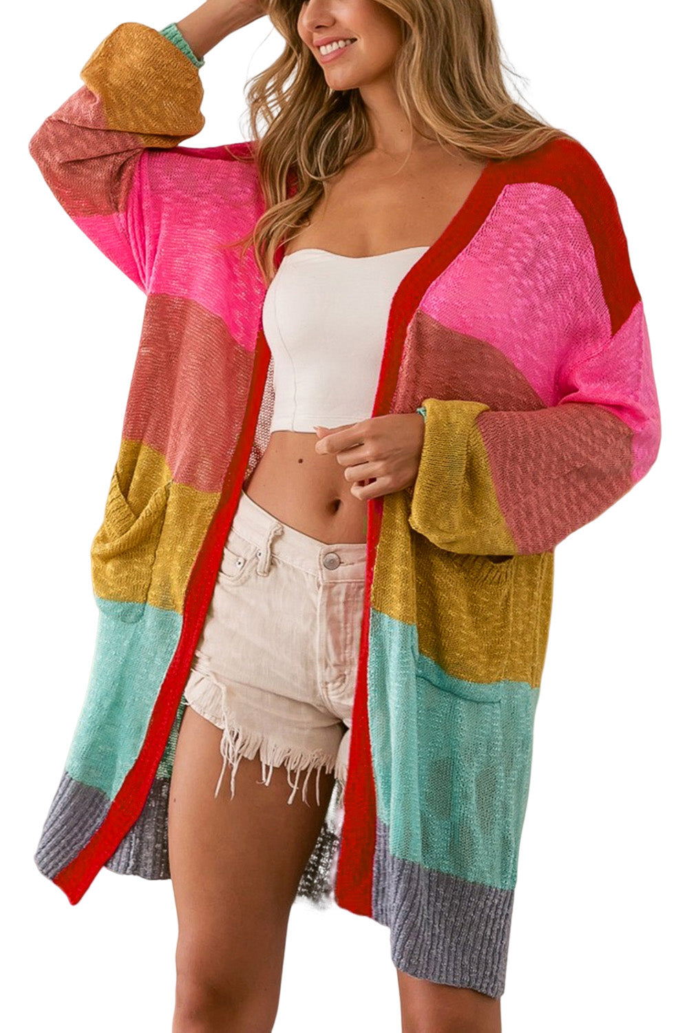 Multicolor Color Block Patchwork Open Front Cardigan