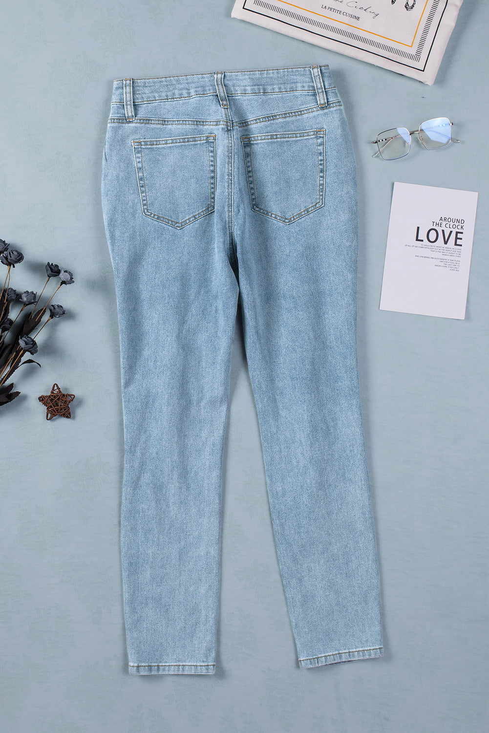 Sky Blue Light Wash Distressed Straight Jeans