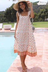 Orange Square Neck Printed Flowy Maxi Dress