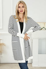 White Striped Side Pockets Open Front Cardigan